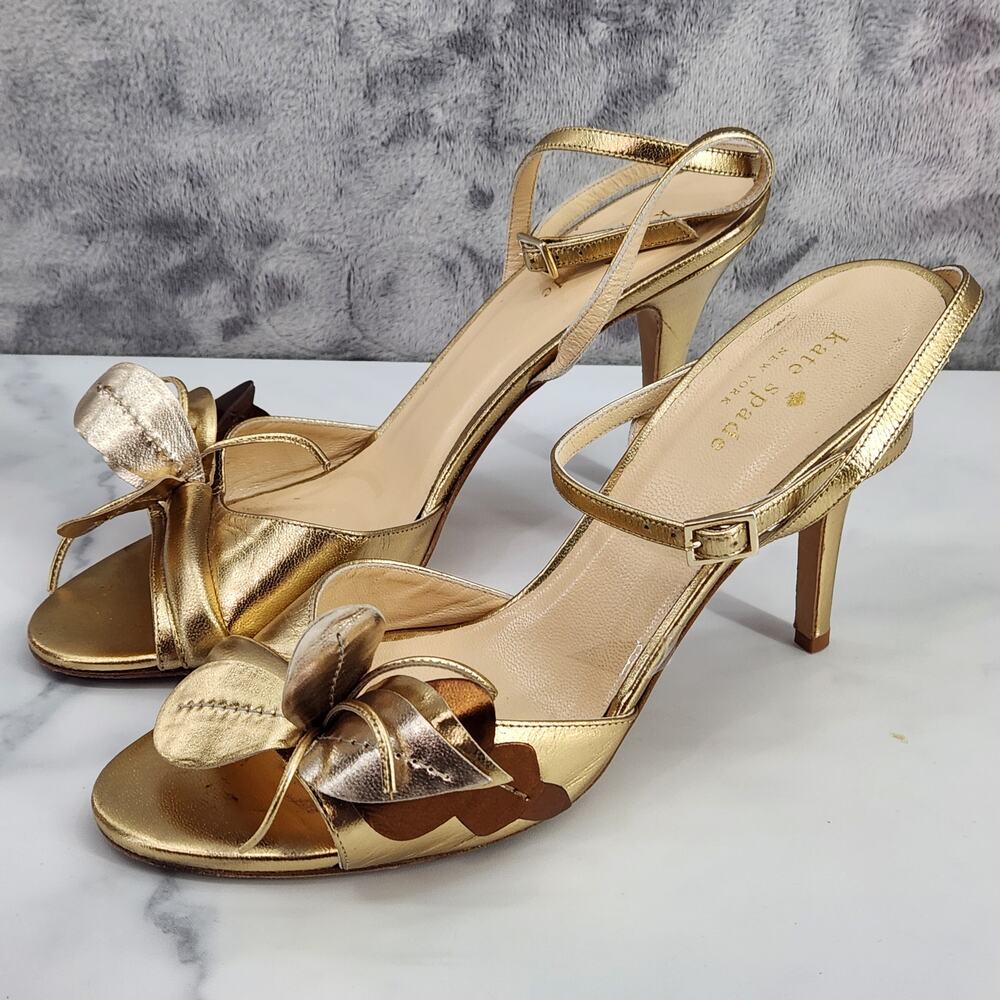 Kate Spade Size 8 Metallic Gold Strappy Open Toe 3 1/2" Heels Made in Italy - Picture 16 of 16